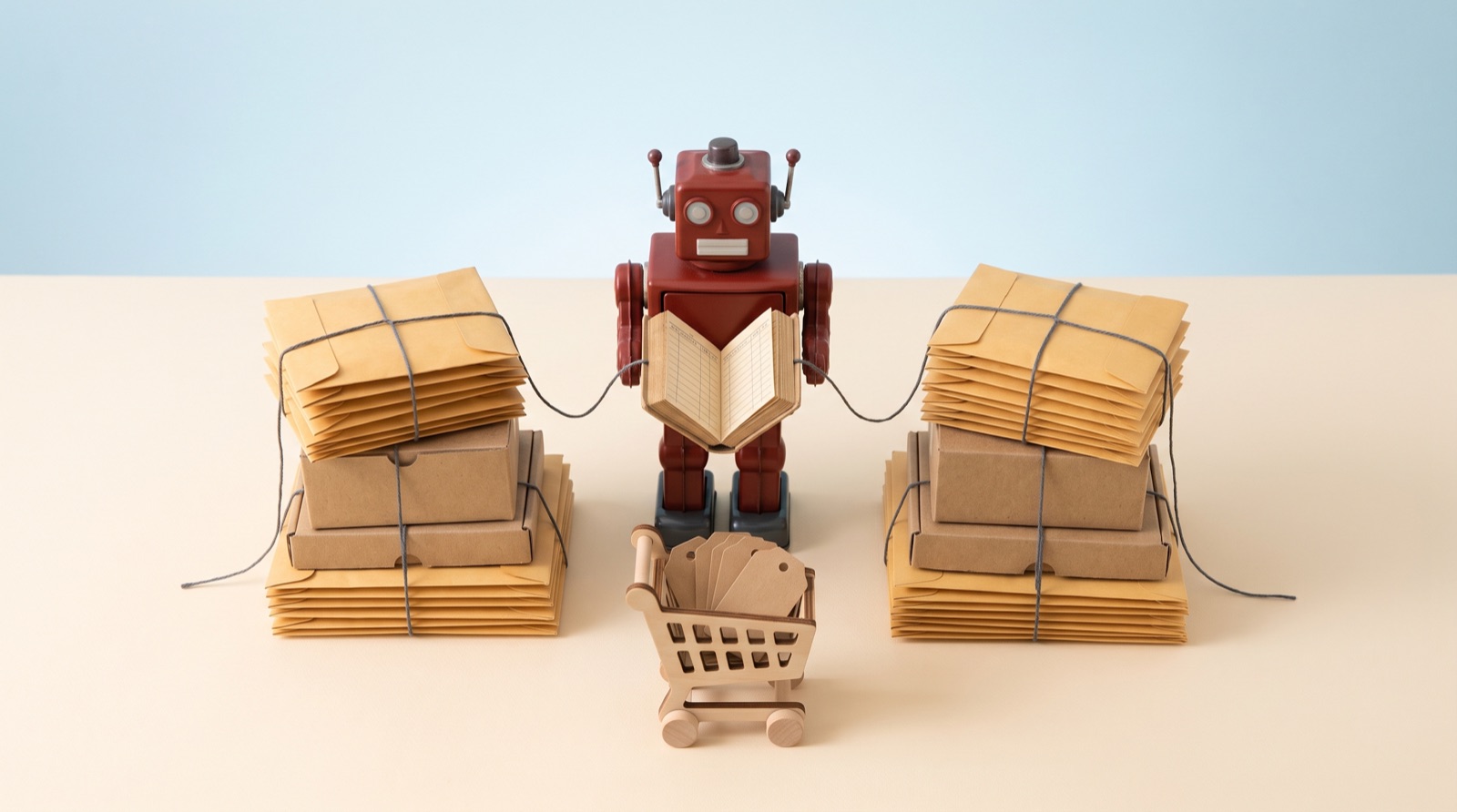 A toy robot reading a book between bundles of paper mail, with a miniature wooden shopping cart in front
