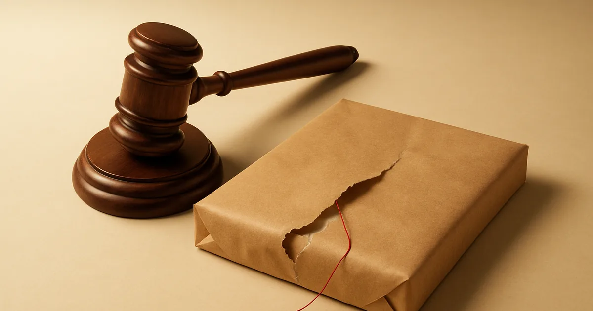 A gavel beside a torn parcel — the legal fallout of an ecommerce data breach.