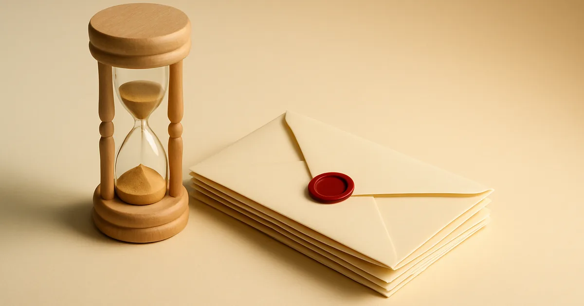 An hourglass beside a shrinking stack of envelopes — CPRA data retention done right.