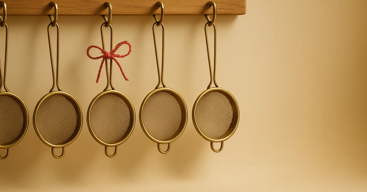 A row of sieves on hooks — useful tools for scanning sensitive data.