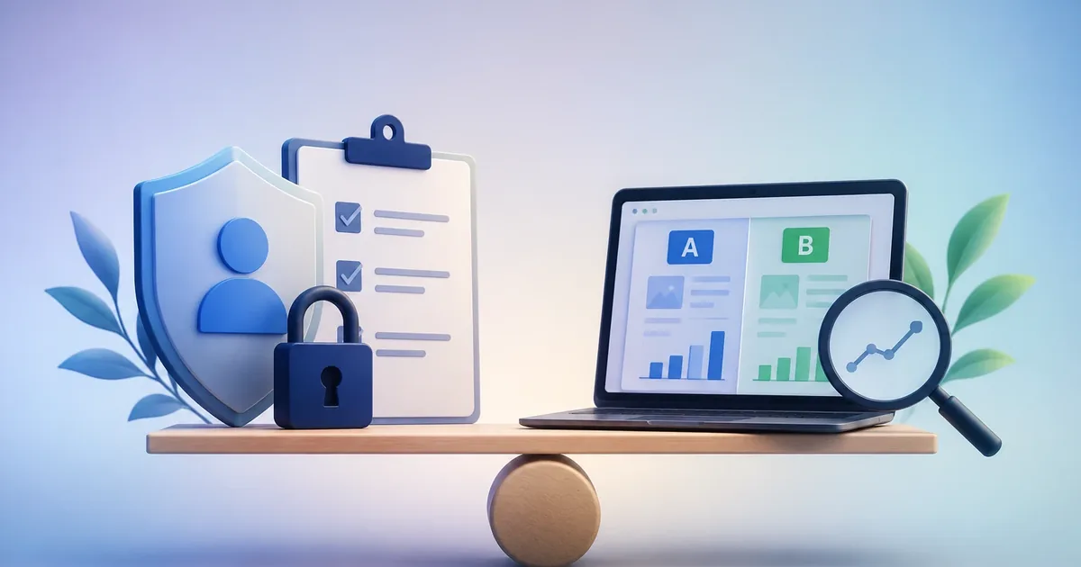 A shield, checklist, and padlock balanced against an A/B test dashboard on a scale, illustrating the tradeoff between conversion optimization and customer consent.