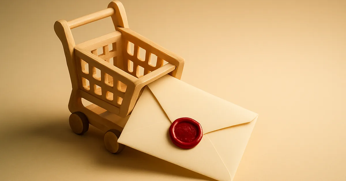 A tipped cart spilling a sealed envelope — abandoned cart emails under GDPR.
