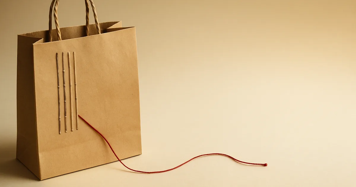 Threads stitched into a shopping bag, one red thread leading away — adtech trackers woven into ecommerce.