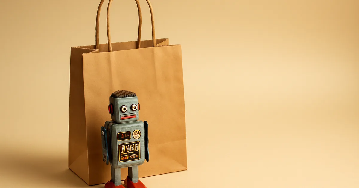 A tin robot beside a kraft shopping bag — what AI chatbots do with your store's customer data.