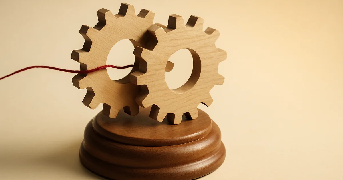 Gears resting on a gavel block — AI, personal data, and liability.