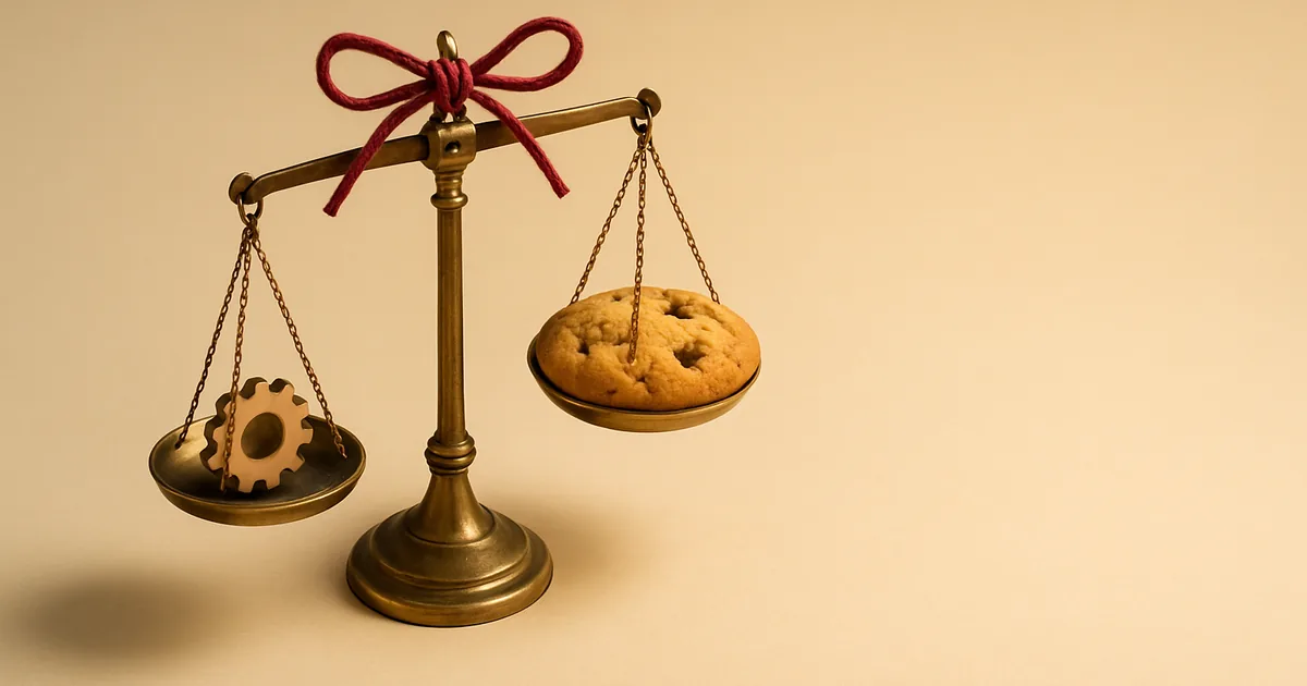 A gear weighed against a cookie — balancing AI with data minimization.