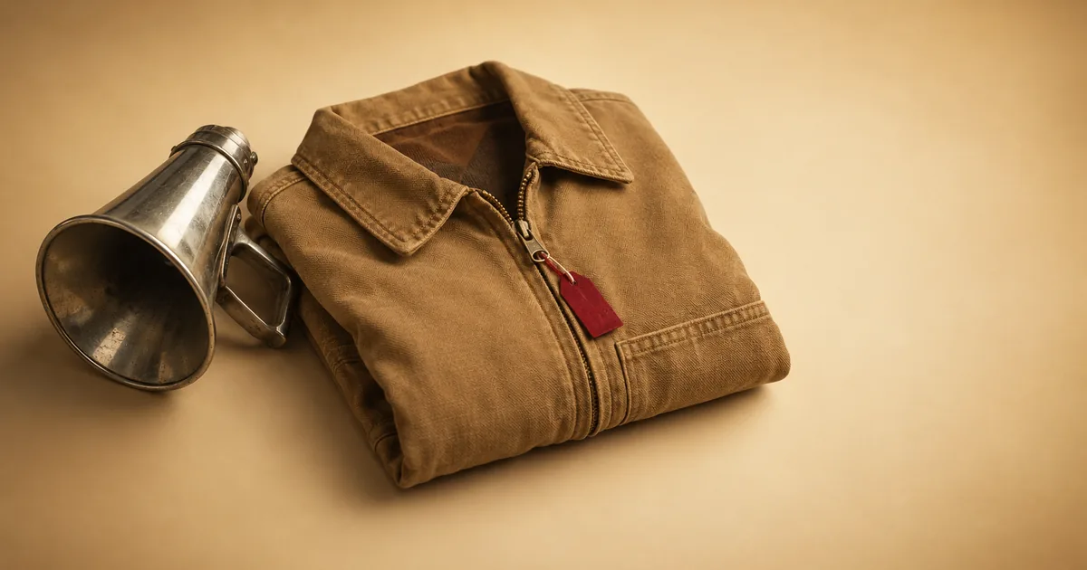 A folded canvas work jacket with a red tag beside a chrome megaphone — ads recruiting claimants for a privacy claim