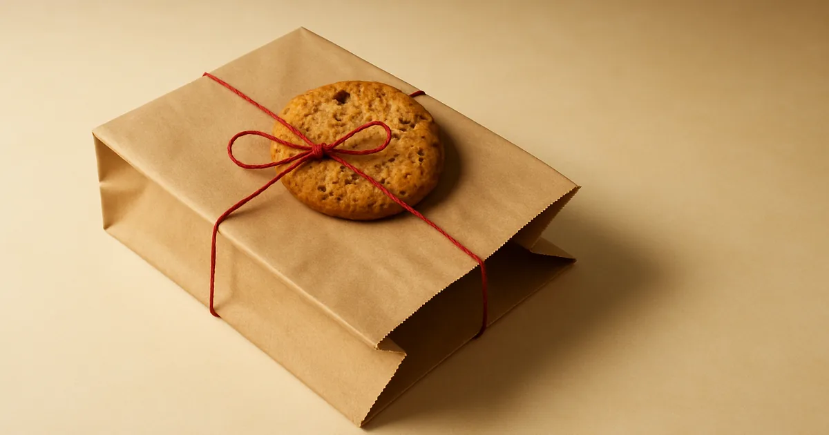 A cookie tied to a kraft shopping bag — CCPA cookie consent for Shopify stores.