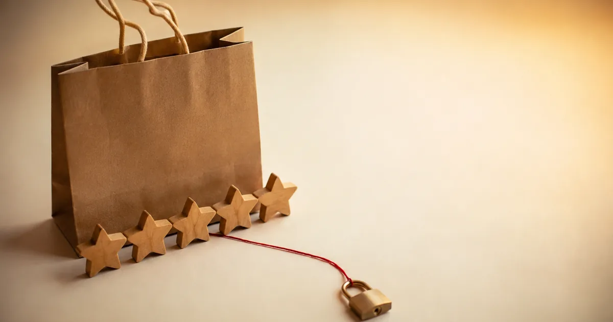 Five wooden stars by a kraft shopping bag, a red thread tied to a small brass padlock — the data behind checkout reviews.