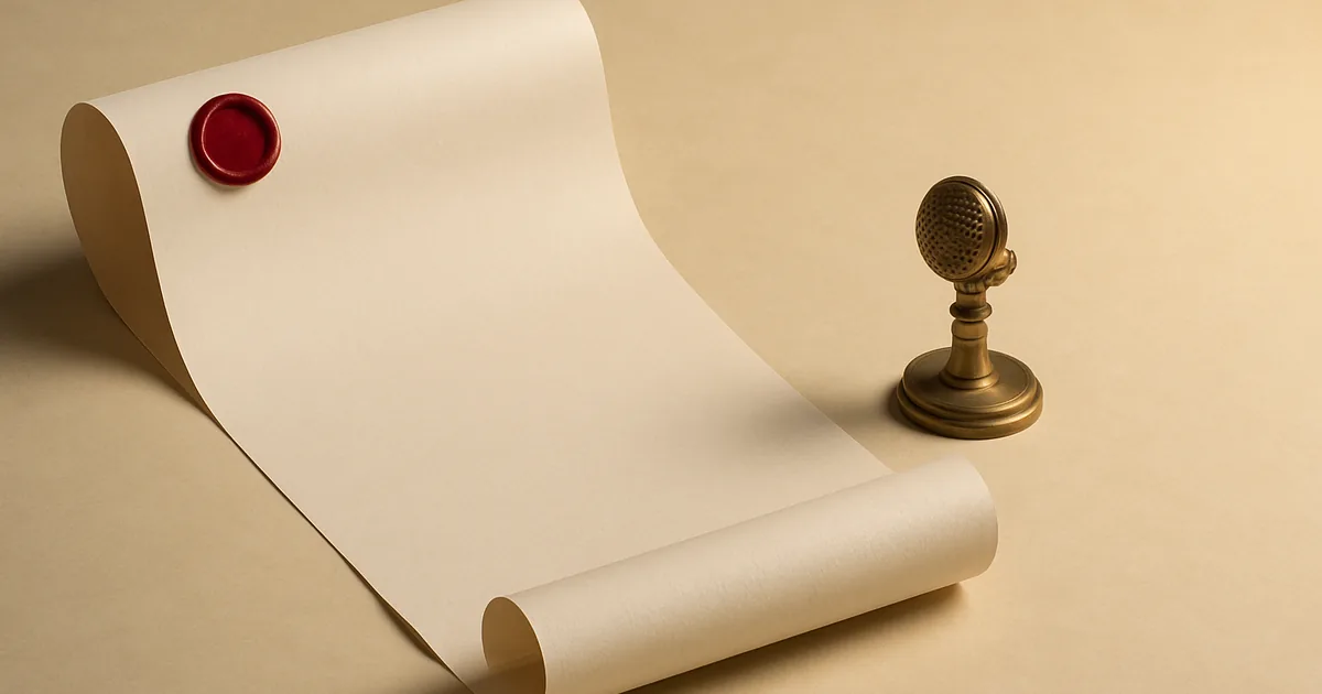 A blank scroll unrolling beside a vintage microphone — the 60-item CIPA compliance checklist.