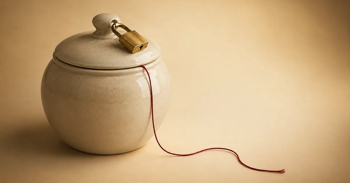 A padlocked ceramic cookie jar with a red thread slipping out from under the lid — a cookie opt-out that doesn't hold