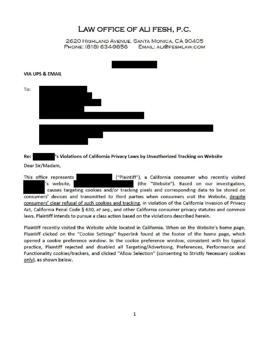 Page one of a redacted demand letter from the Law Office of Ali Fesh alleging violations of California privacy laws by unauthorized tracking on a website
