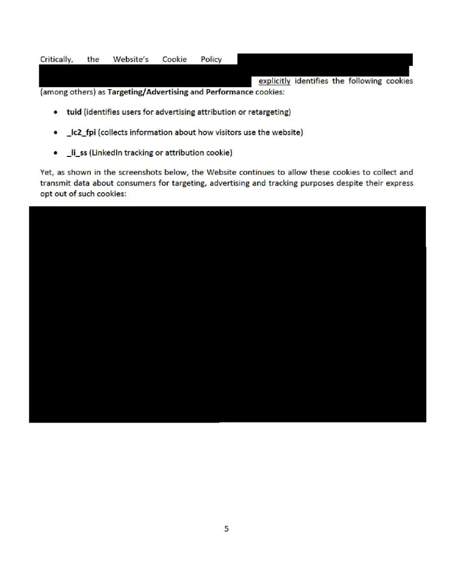 Page five of the redacted letter listing the cookies tuid, _lc2_fpi and _li_ss that the site's own cookie policy classifies as targeting or performance cookies