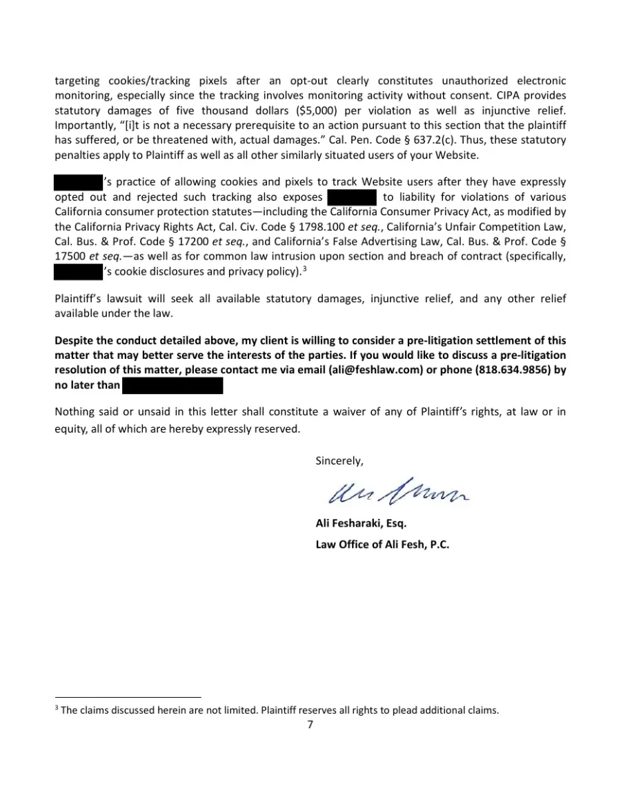 Page seven of the redacted letter citing CIPA statutory damages of $5,000 per violation and offering a pre-litigation settlement