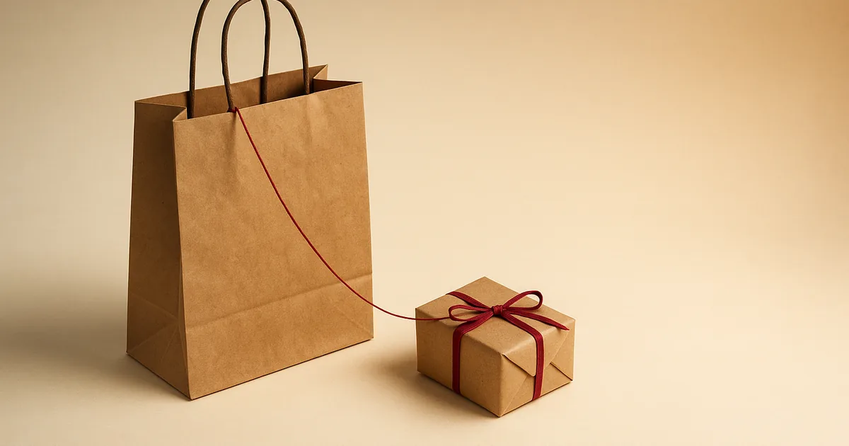A kraft shopping bag tied by a red thread to a small gift box, an upsell drawn from what's already in the cart.