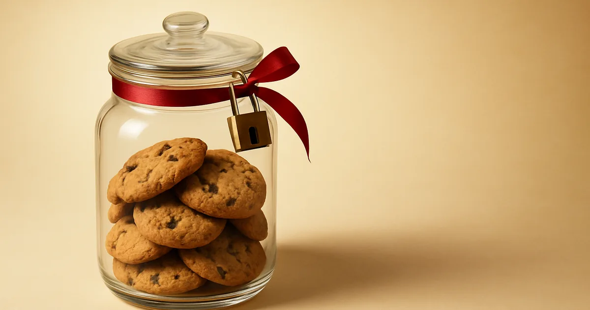 A latched cookie jar with a red ribbon — a cookie consent manager keeps tracking under control.