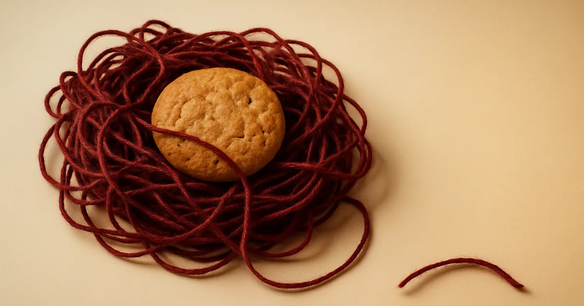 A cookie caught in tangled red thread — untangling the cookie conundrum.