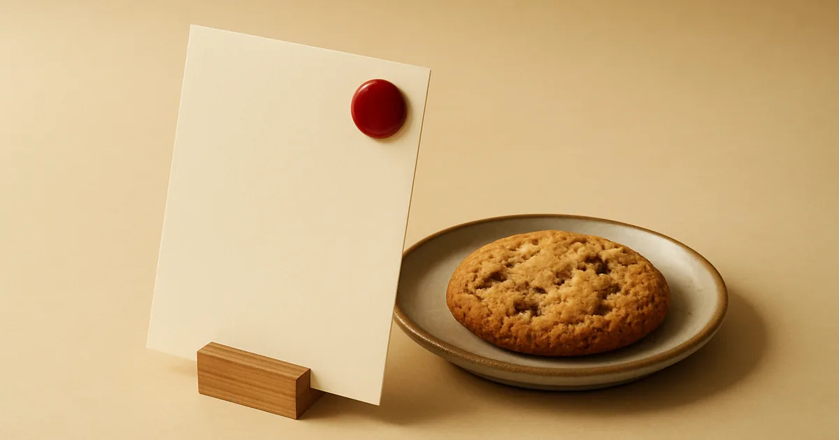 A blank card propped beside a cookie — the comprehensive guide to cookie notices.