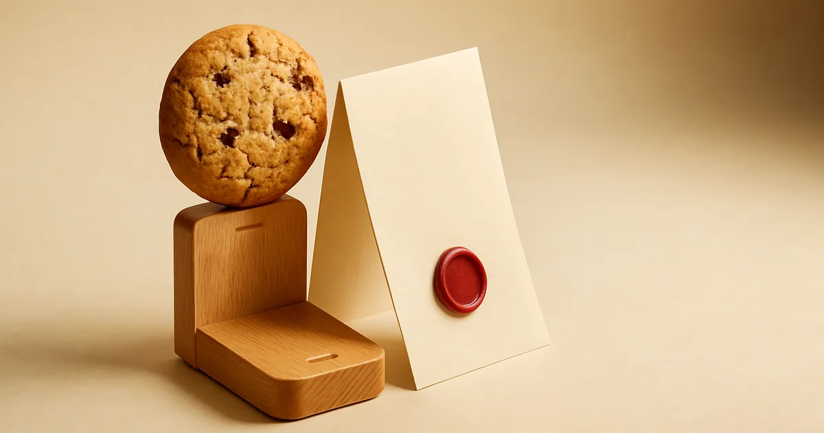 A cookie on a little phone with a folded policy — a privacy policy for your TikTok shop.