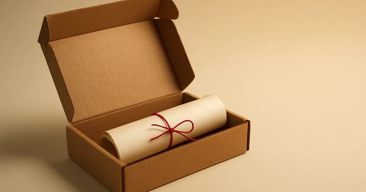 A rolled document tied in red twine inside an open kraft parcel — the complete ecommerce privacy compliance guide.