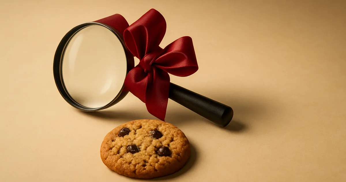 A gift-bowed magnifying glass beside a cookie — the free cookie checker.
