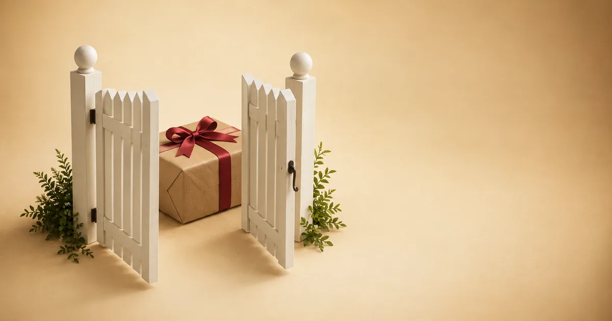 A white garden gate standing open before a parcel tied with red ribbon — a website with no consent banner