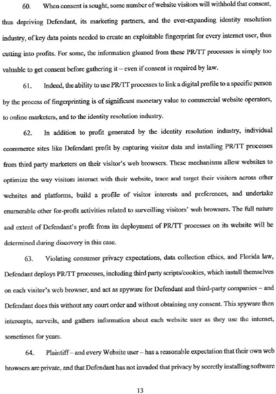 Page fourteen of the redacted complaint listing tracking technologies found on the website, including Facebook Connect, Facebook Custom Audience and Google Analytics 4