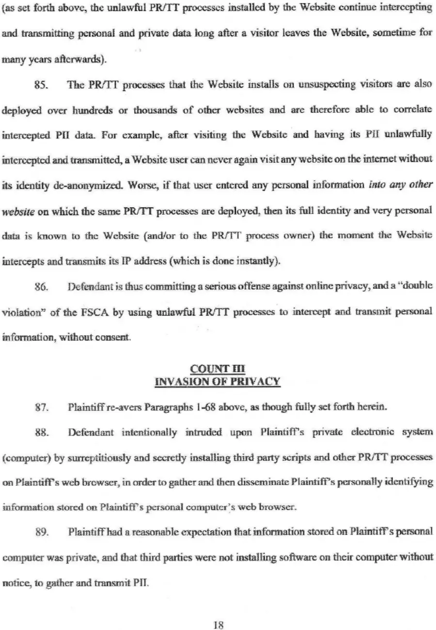 Page nineteen of the redacted complaint with the prayer for relief seeking $100 per day or $1,000, whichever is greater