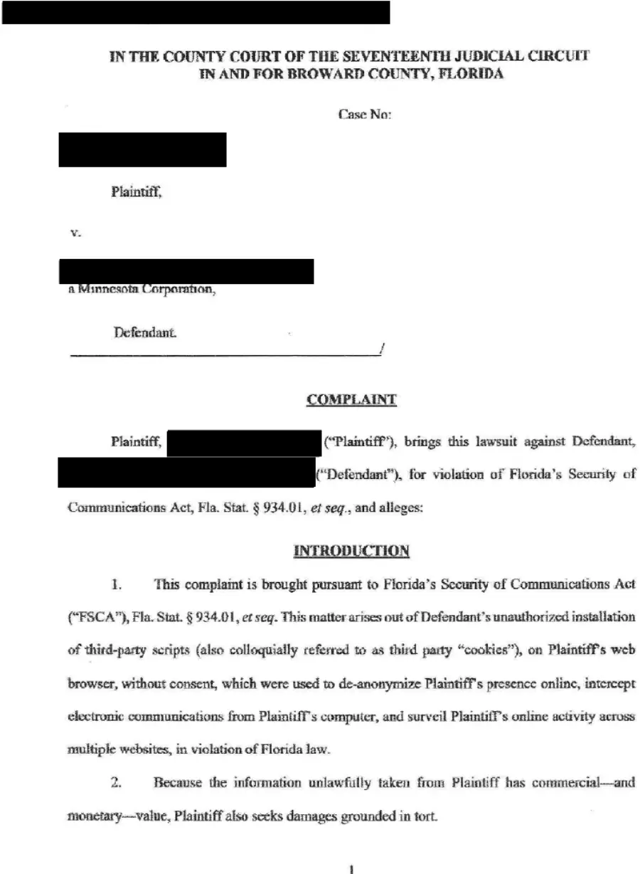 First page of a redacted Broward County complaint alleging violation of Florida's Security of Communications Act, Fla. Stat. 934.01 et seq.