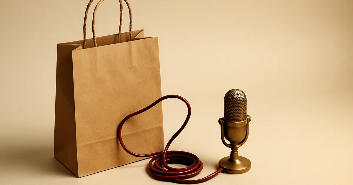 A kraft shopping bag wired to a vintage microphone — covert website tracking under Florida's wiretapping law.