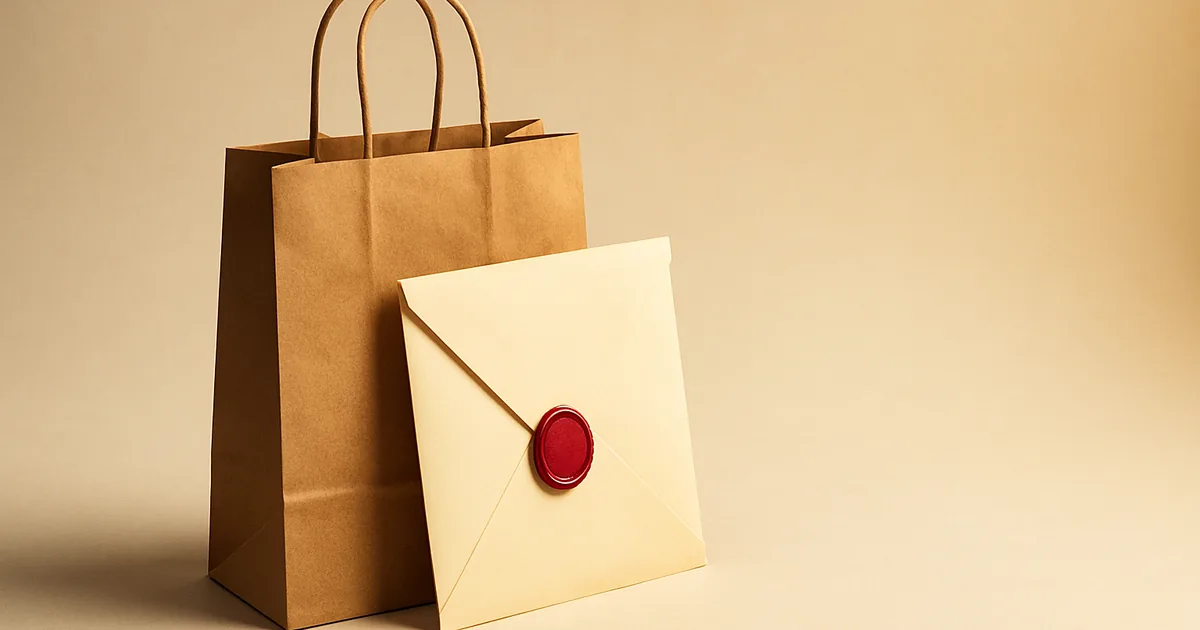 A wax-sealed document leaning against a kraft shopping bag — GDPR compliance for a Shopify storefront.
