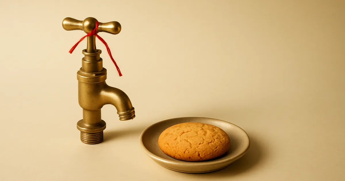 A brass tap beside a cookie — Google Consent Mode v2 turns data flow on and off with user choice.