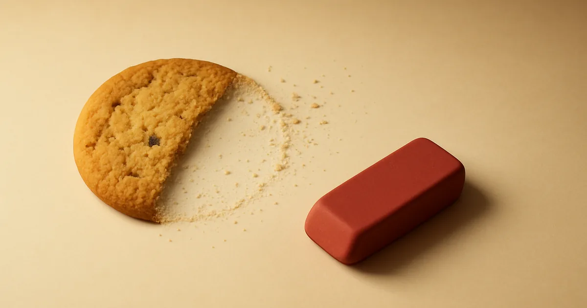A cookie half erased to its outline — deleting undeletable store data.