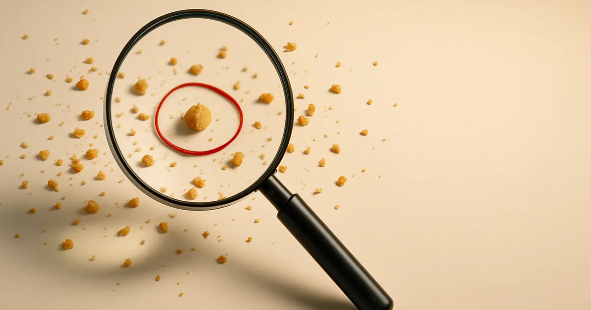 A magnifier over scattered crumbs, one circled — finding PII hiding in analytics.