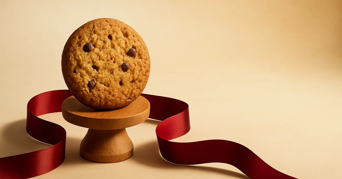 A cookie on a red-draped pedestal — privacy as a brand asset.