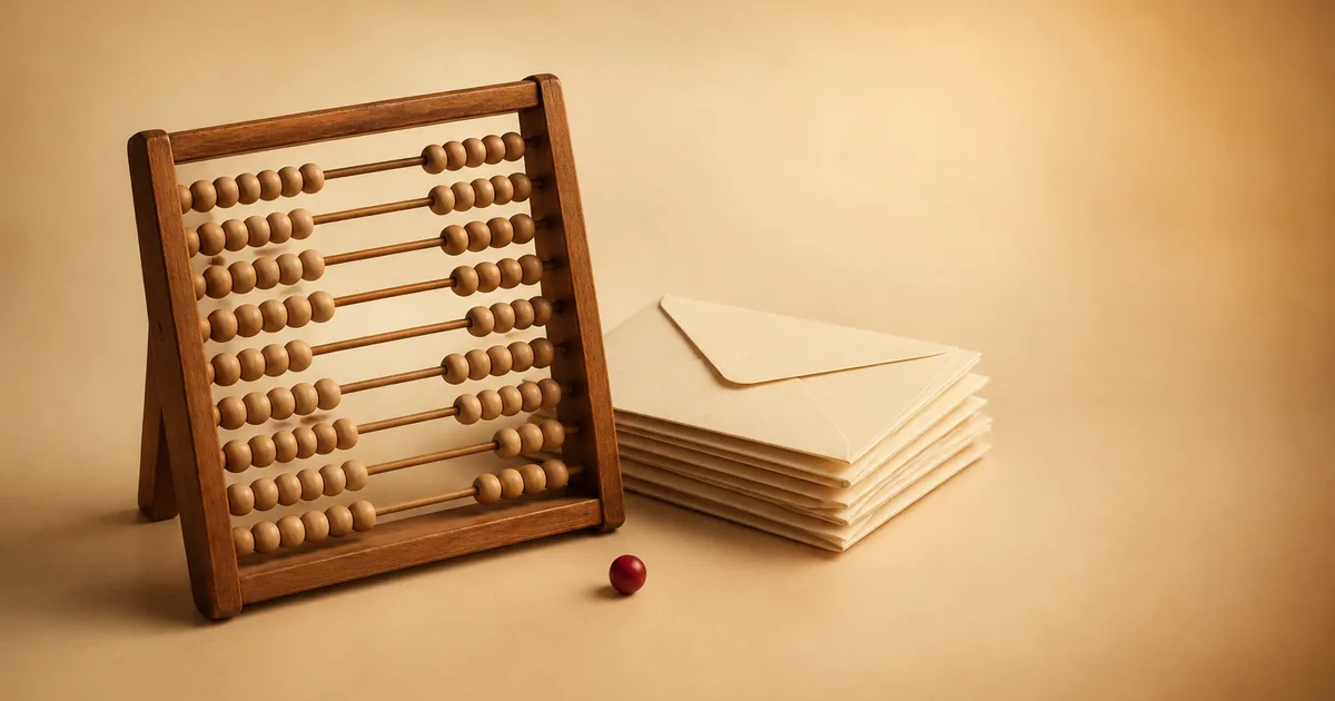 A wooden abacus beside sealed envelopes with one red bead set apart — how a Meta Pixel demand counts damages