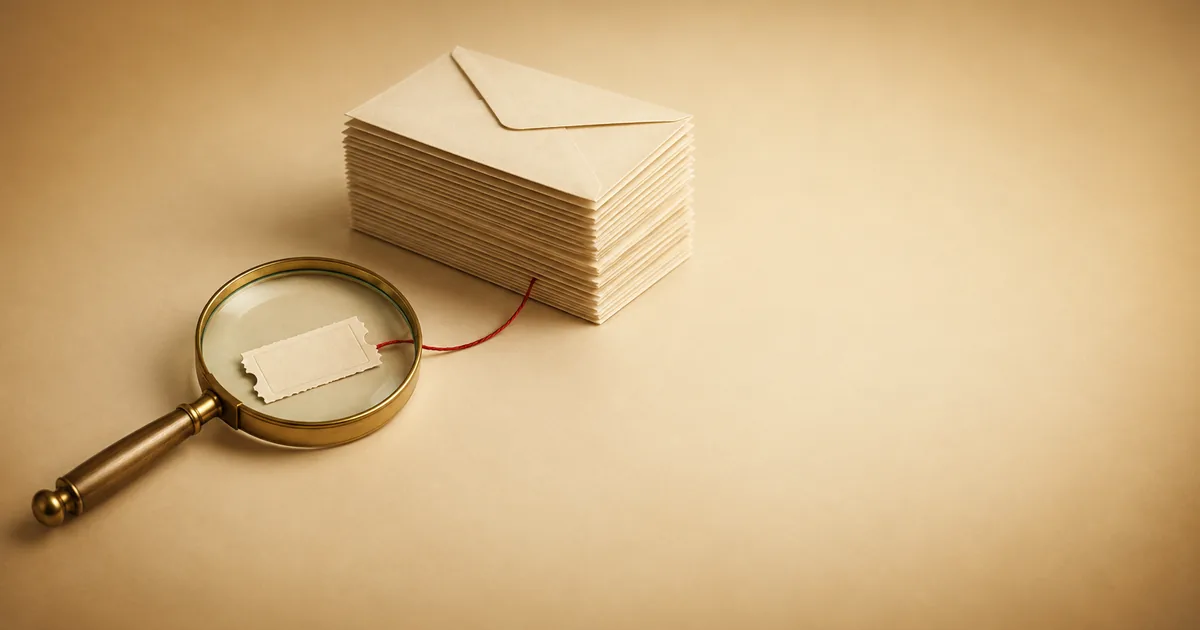 A brass magnifying glass over a blank ticket stub tied by red thread to a stack of envelopes — one entry, many claims