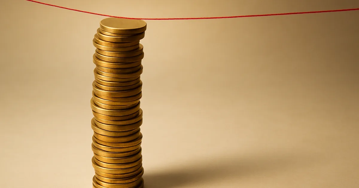 A teetering stack of coins under a tightrope — Meta's billion-euro balancing act.