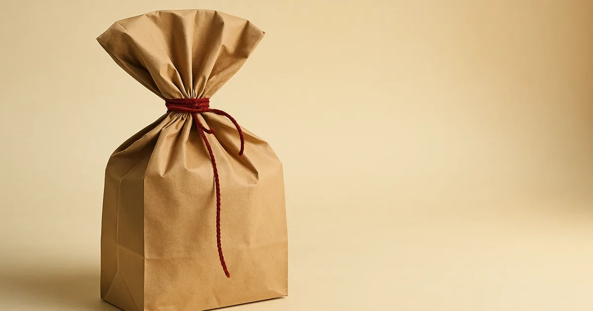 A shopping bag tied shut with red thread — honoring Do Not Sell requests.
