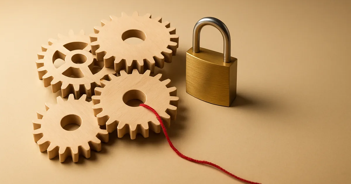 Half-built gears beside a padlock — AI's future runs on data privacy.