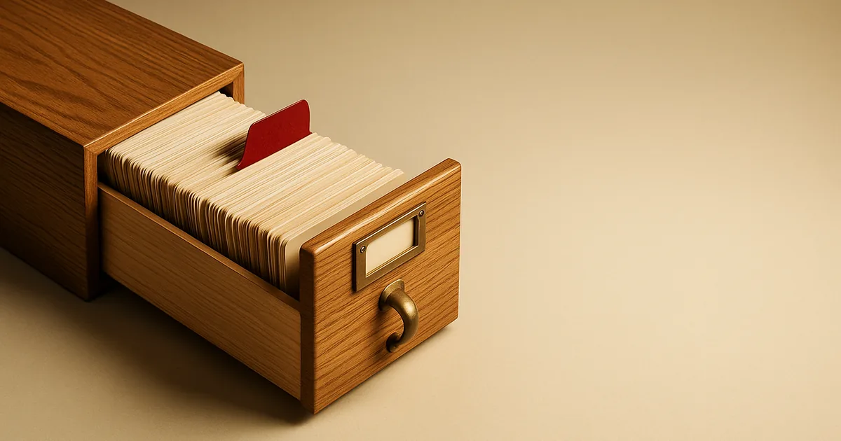 A card catalog drawer with one red divider — GDPR's records of processing.