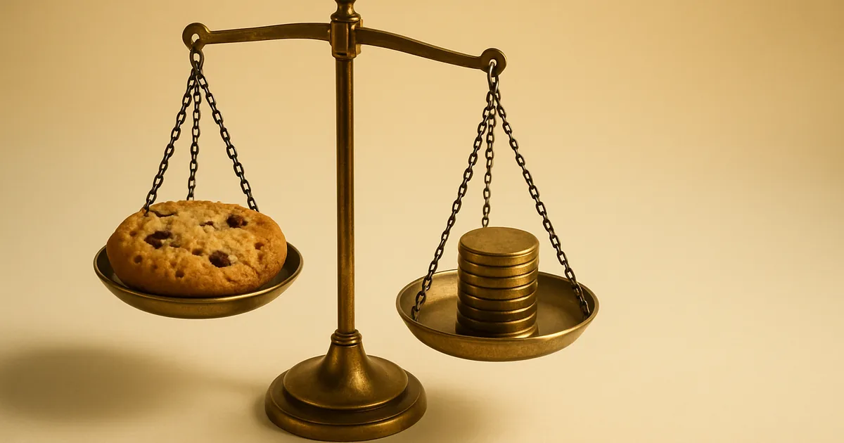 A cookie weighed against brass discs — what OneTrust cookie consent really costs.