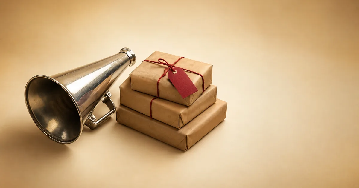 A chrome megaphone beside kraft parcels with a red tag — law firm ads recruiting privacy plaintiffs