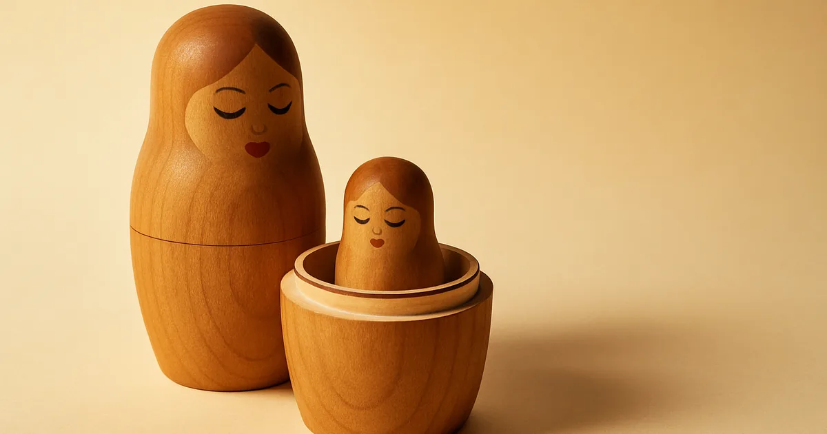 Two wooden nesting dolls showing how PII nests inside the broader category of PI.