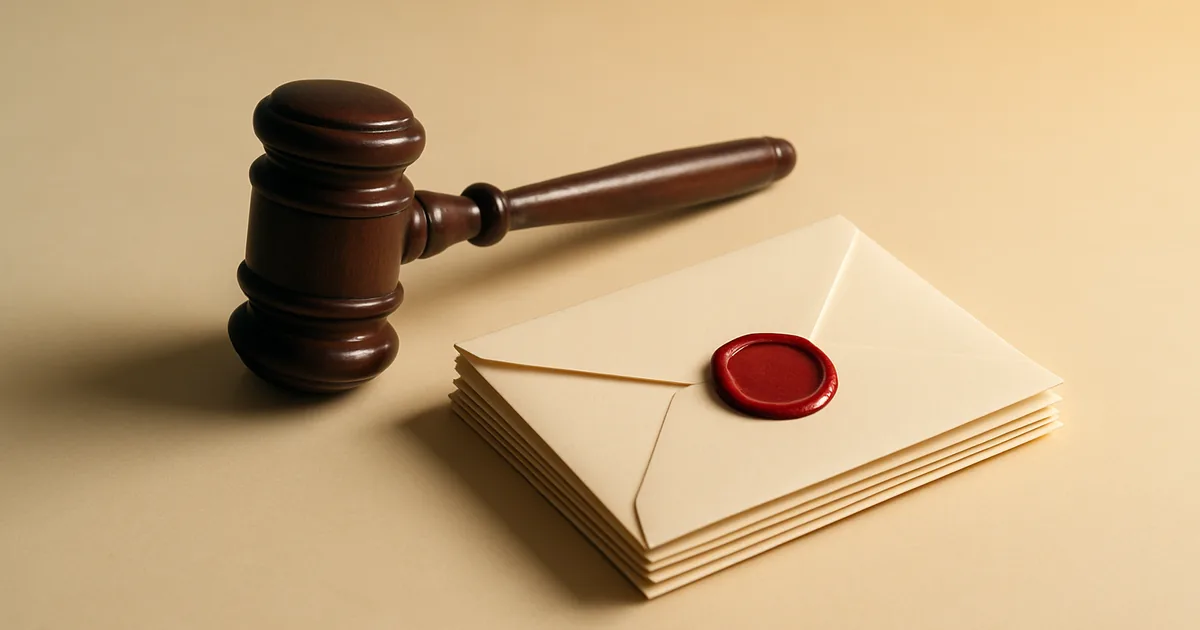 A wooden gavel beside a stack of wax-sealed envelopes — the consequences of mishandling PII.