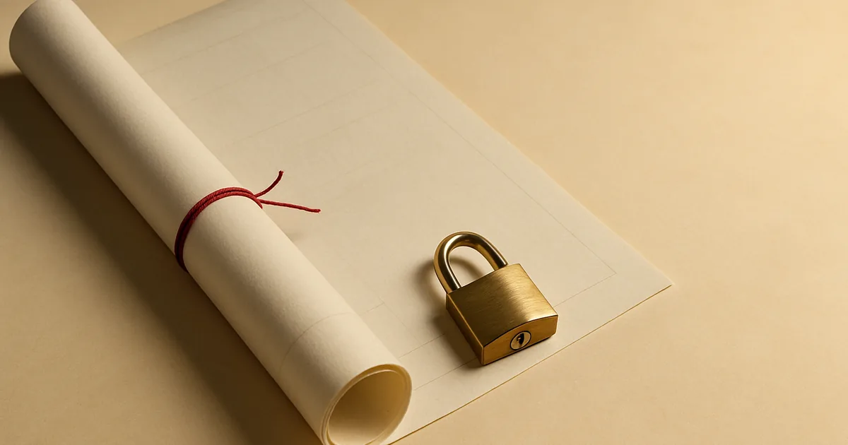 A blueprint with a padlock on its corner — privacy by design, built in from the start.