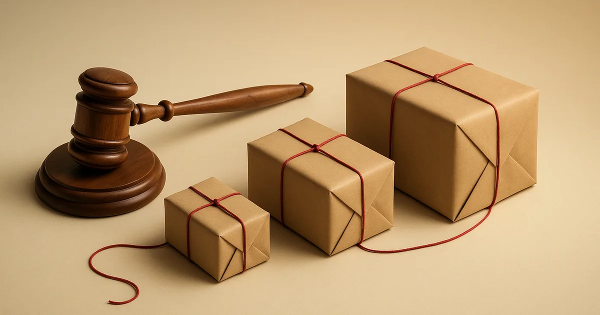 A gavel beside parcels growing in size — privacy enforcement trends for Q3 2026.