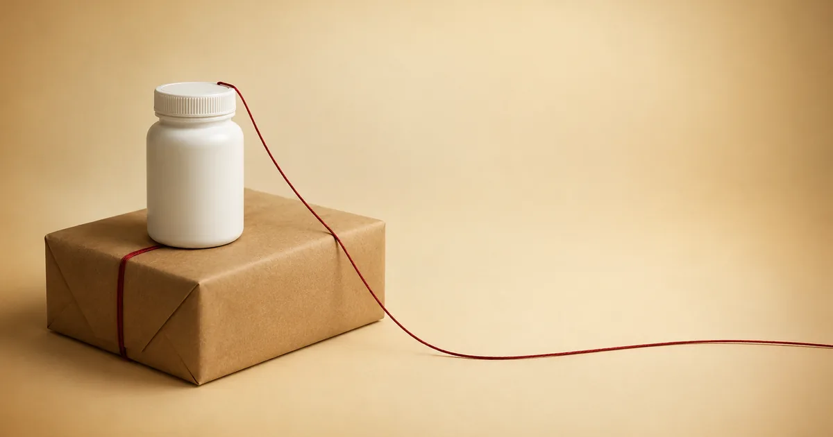 A white pill bottle on a kraft parcel with a red thread trailing away — health data leaving a telehealth site