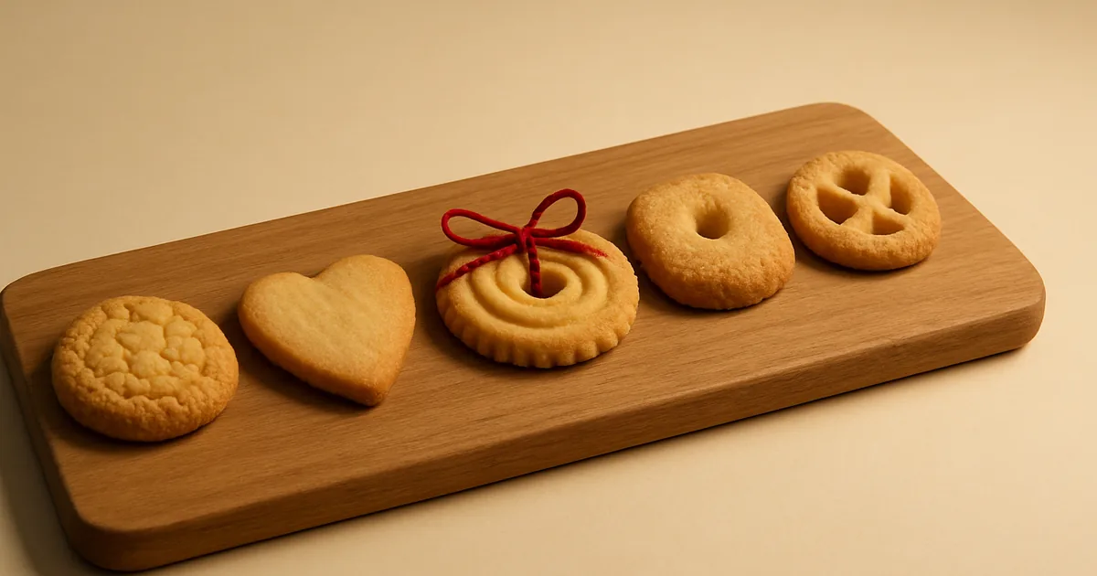 An assortment of distinct cookie shapes on a wooden board — the different types of website cookies.