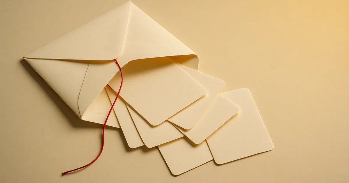 An envelope spilling cards — when sharing email addresses becomes a breach.